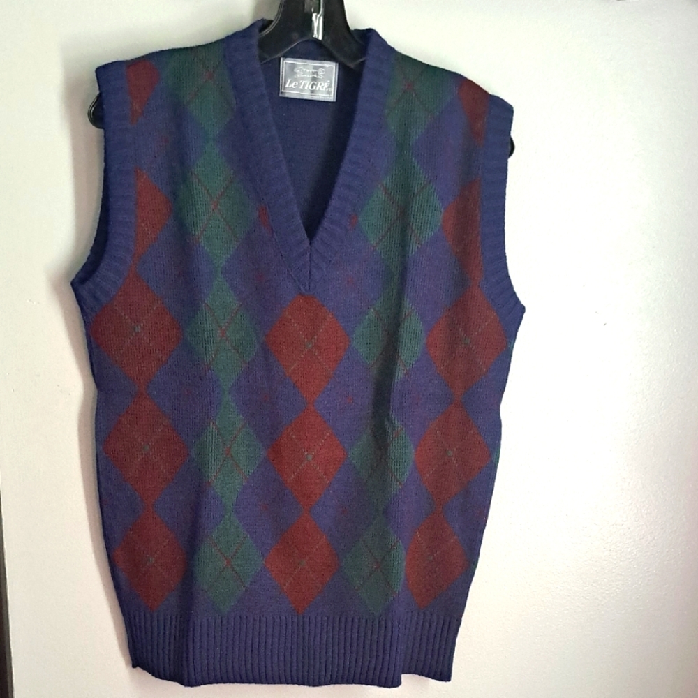 Le Tigre Virgin Orlon Acrylic  V-Neck Sweater Blue Green Vintage Vest Size M